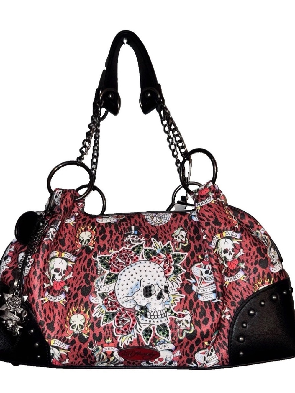 NWT Ed Hardy Slouchy Studded Satchel - Love Kills Slowly - Red & Black - Skulls